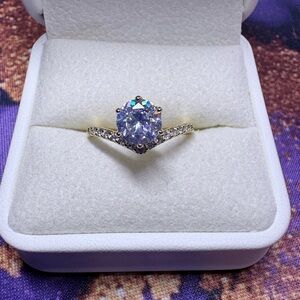 Gold-Tone V-Shaped Ring with Round White Stone